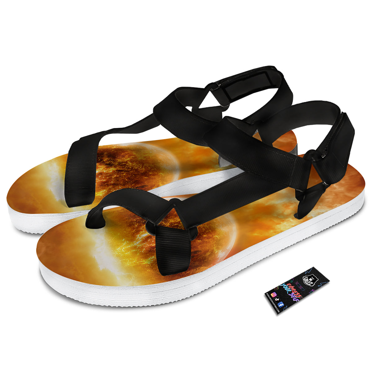 Burning Apocalyptic Planet Earth Print Black Open Toe Sandals-grizzshop