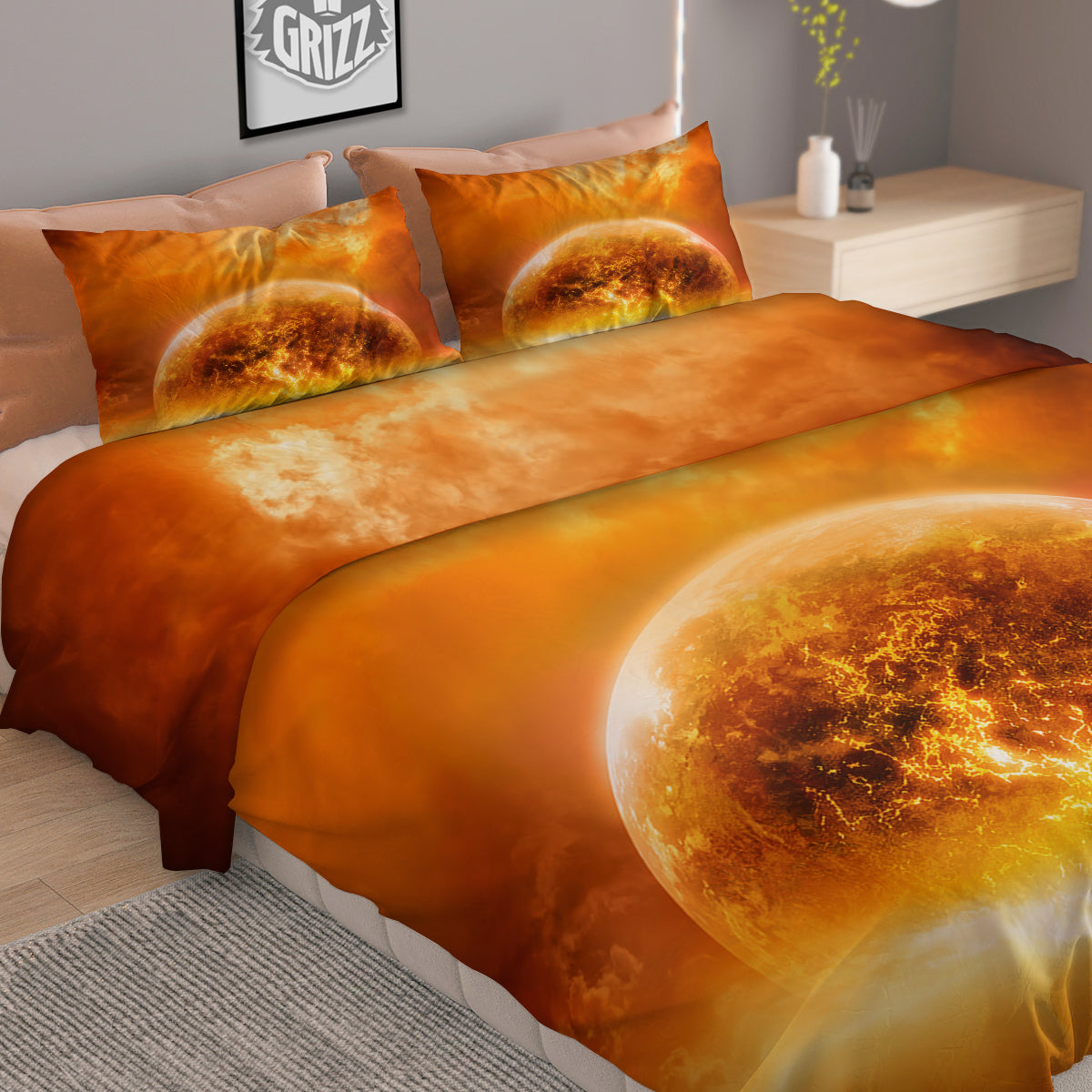 Burning Apocalyptic Planet Earth Print Duvet Cover Bedding Set