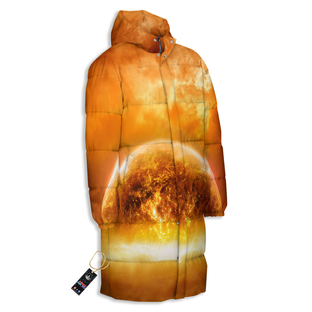 Burning Apocalyptic Planet Earth Print Long Down Jacket-grizzshop