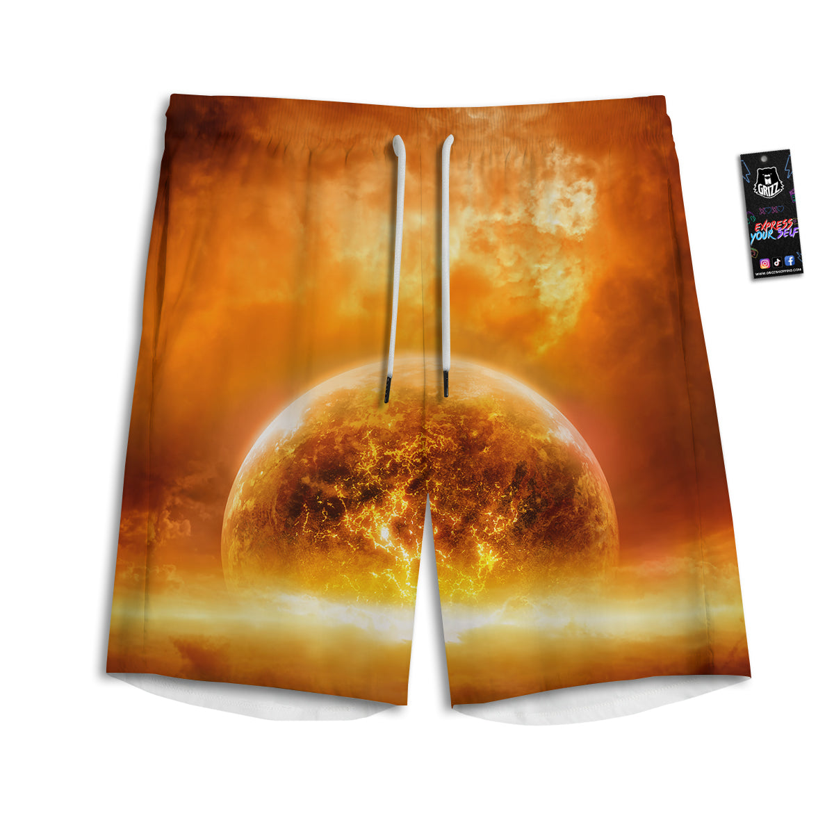 Burning Apocalyptic Planet Earth Print Men's Athletic Shorts