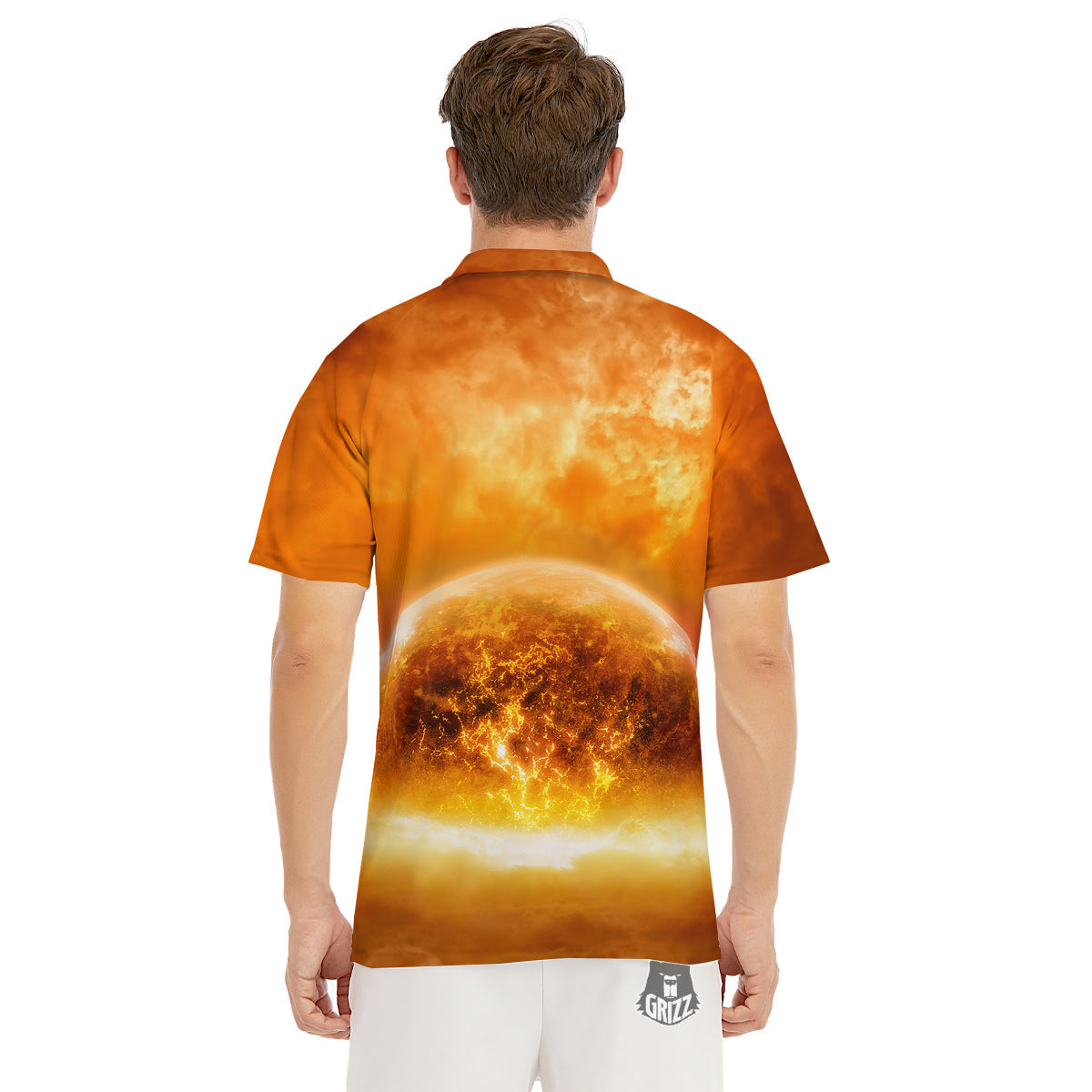 Burning Apocalyptic Planet Earth Print Men's Golf Shirts-grizzshop