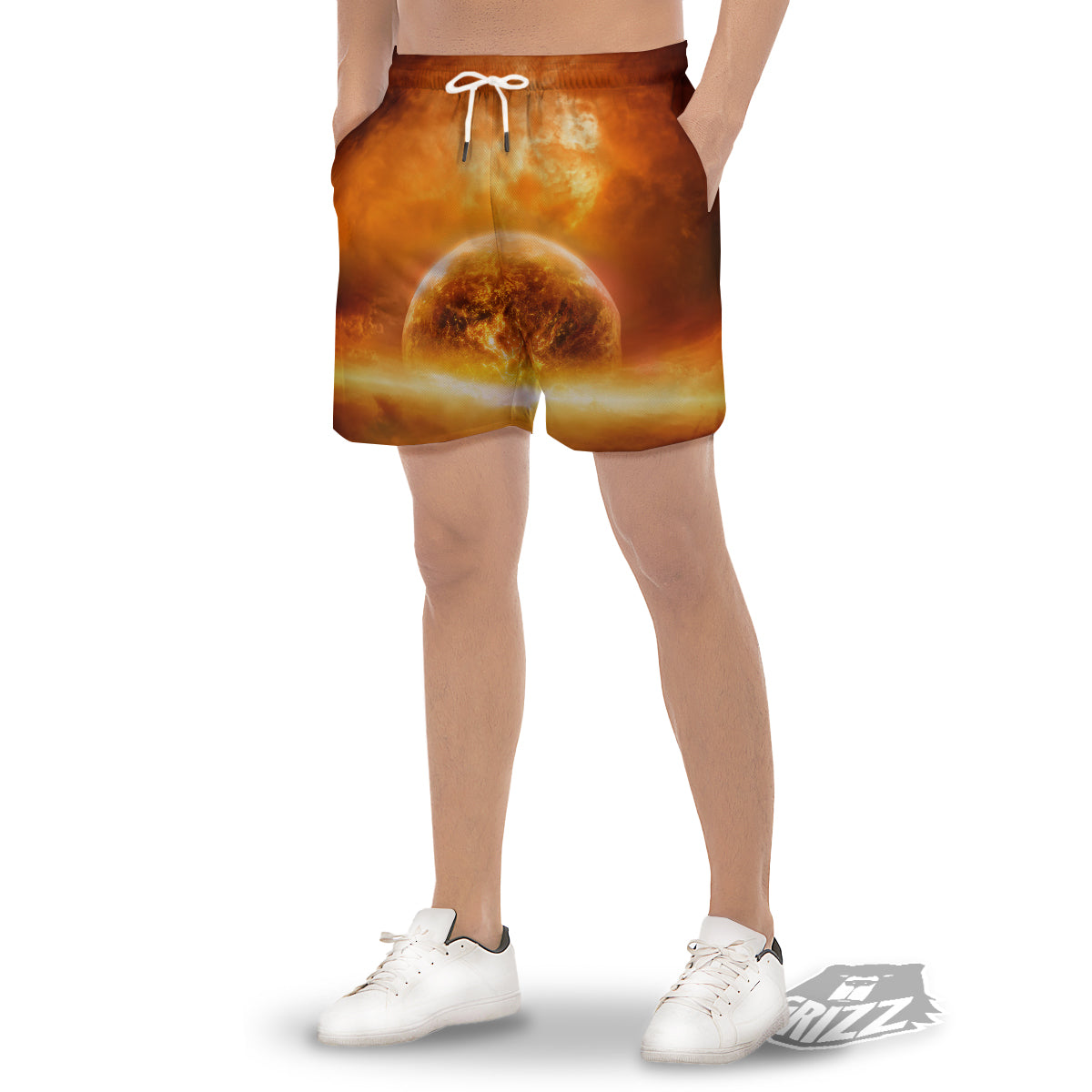 Burning Apocalyptic Planet Earth Print Men's Gym Shorts-grizzshop
