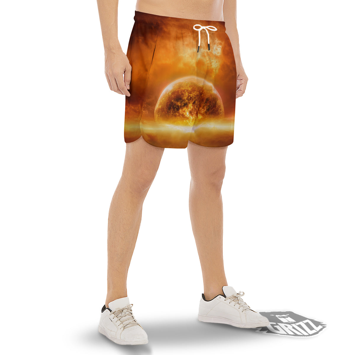 Burning Apocalyptic Planet Earth Print Men's Gym Shorts-grizzshop