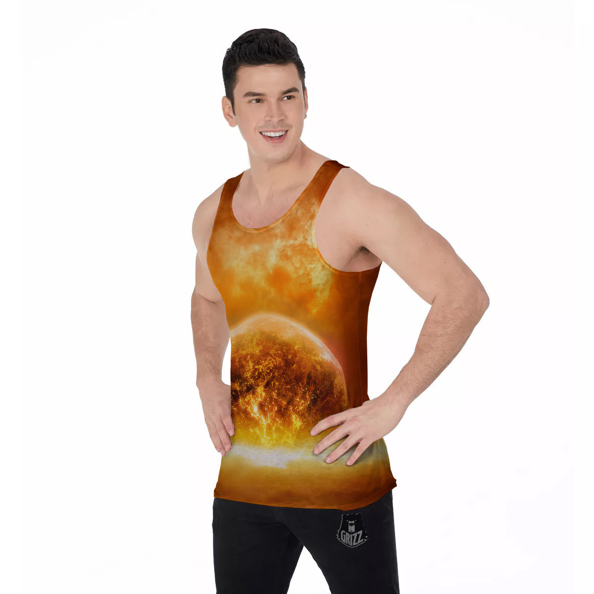 Burning Apocalyptic Planet Earth Print Men's Tank Top-grizzshop