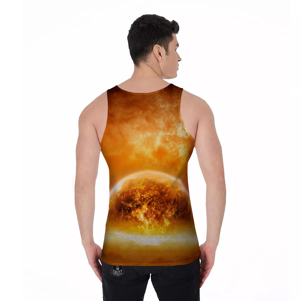 Burning Apocalyptic Planet Earth Print Men's Tank Top-grizzshop