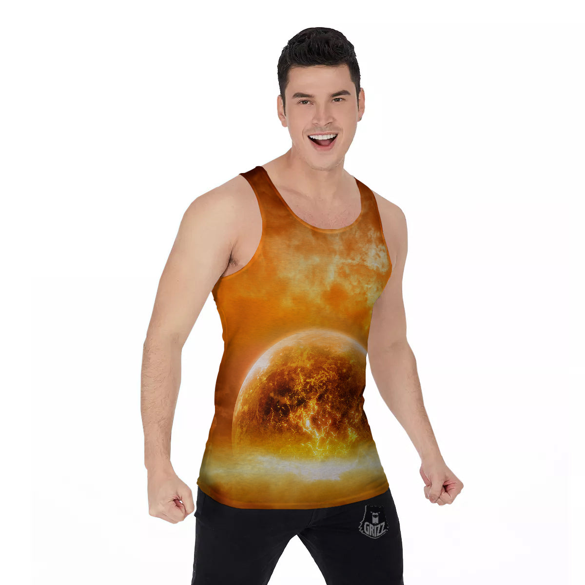 Burning Apocalyptic Planet Earth Print Men's Tank Top-grizzshop