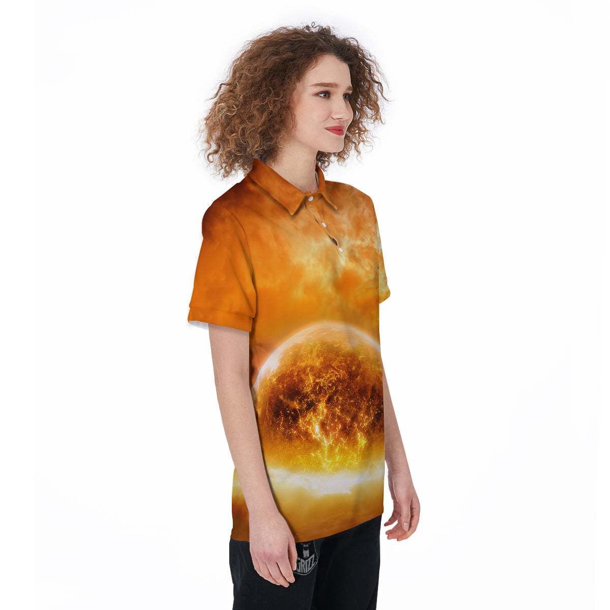 Burning Apocalyptic Planet Earth Print Women's Golf Shirts-grizzshop