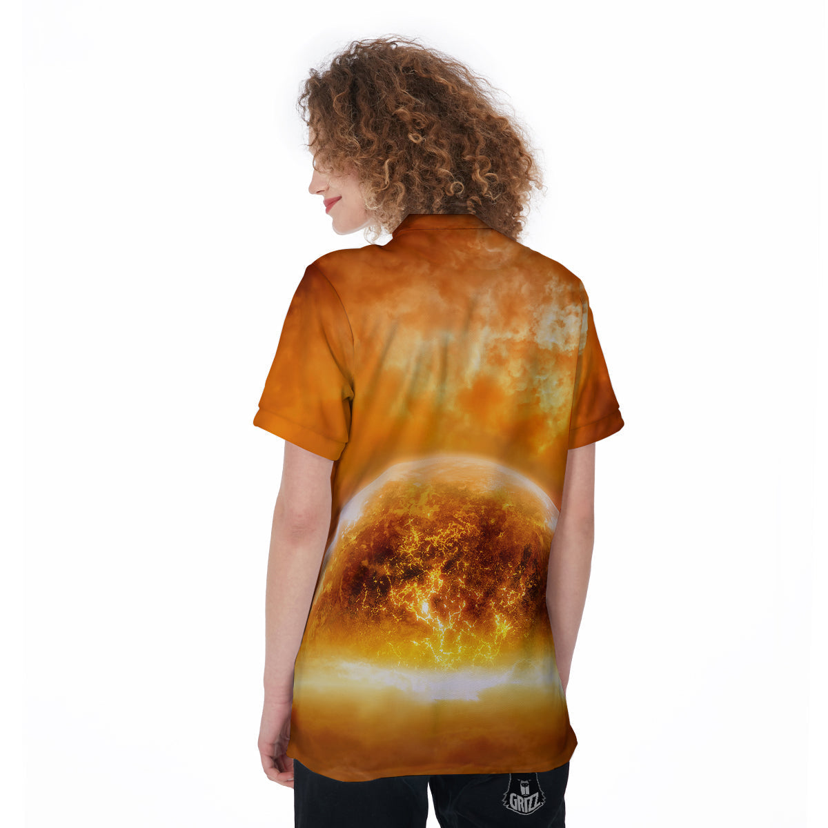 Burning Apocalyptic Planet Earth Print Women's Golf Shirts-grizzshop