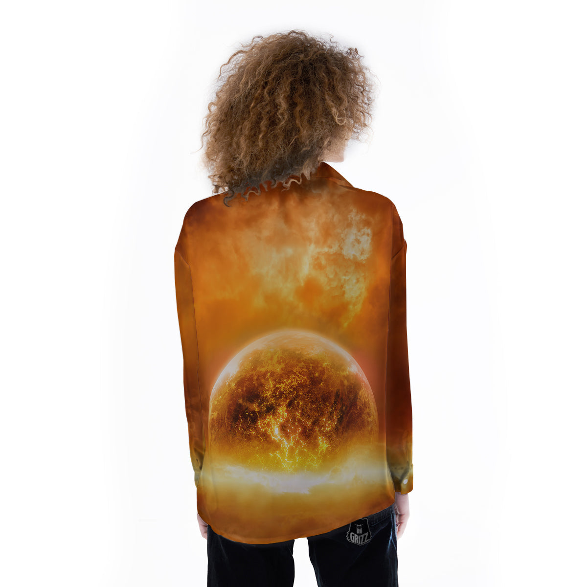 Burning Apocalyptic Planet Earth Print Women's Long Sleeve Shirts-grizzshop