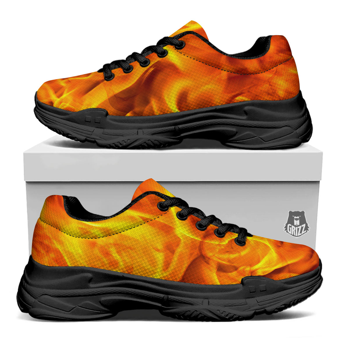 Burning Fire Flame Print Black Chunky Shoes-grizzshop