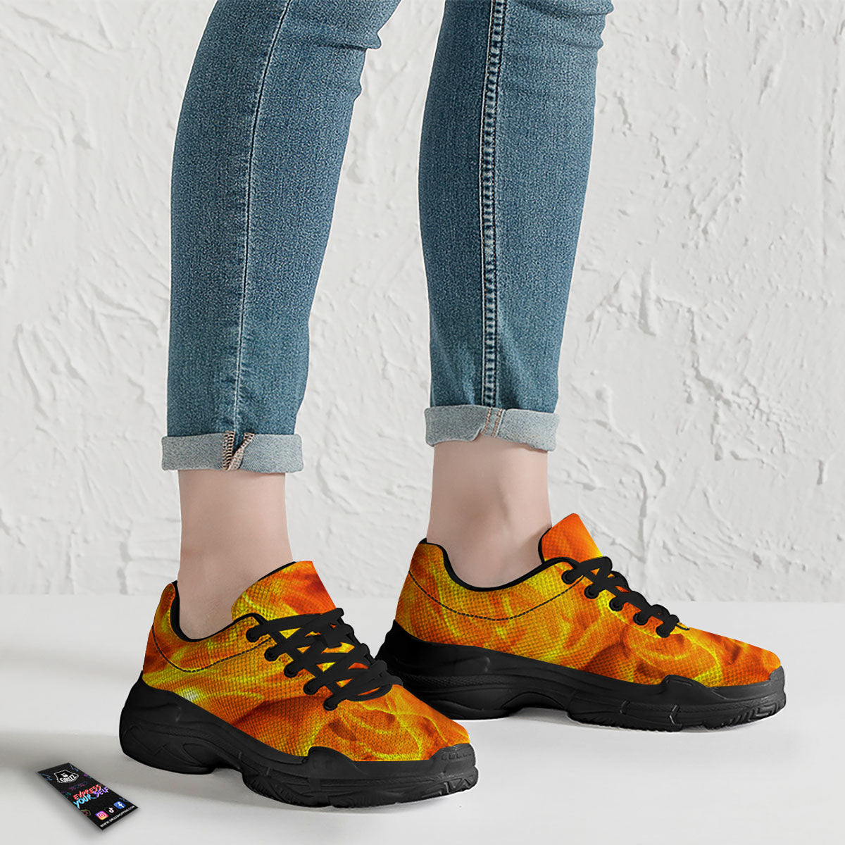 Burning Fire Flame Print Black Chunky Shoes-grizzshop