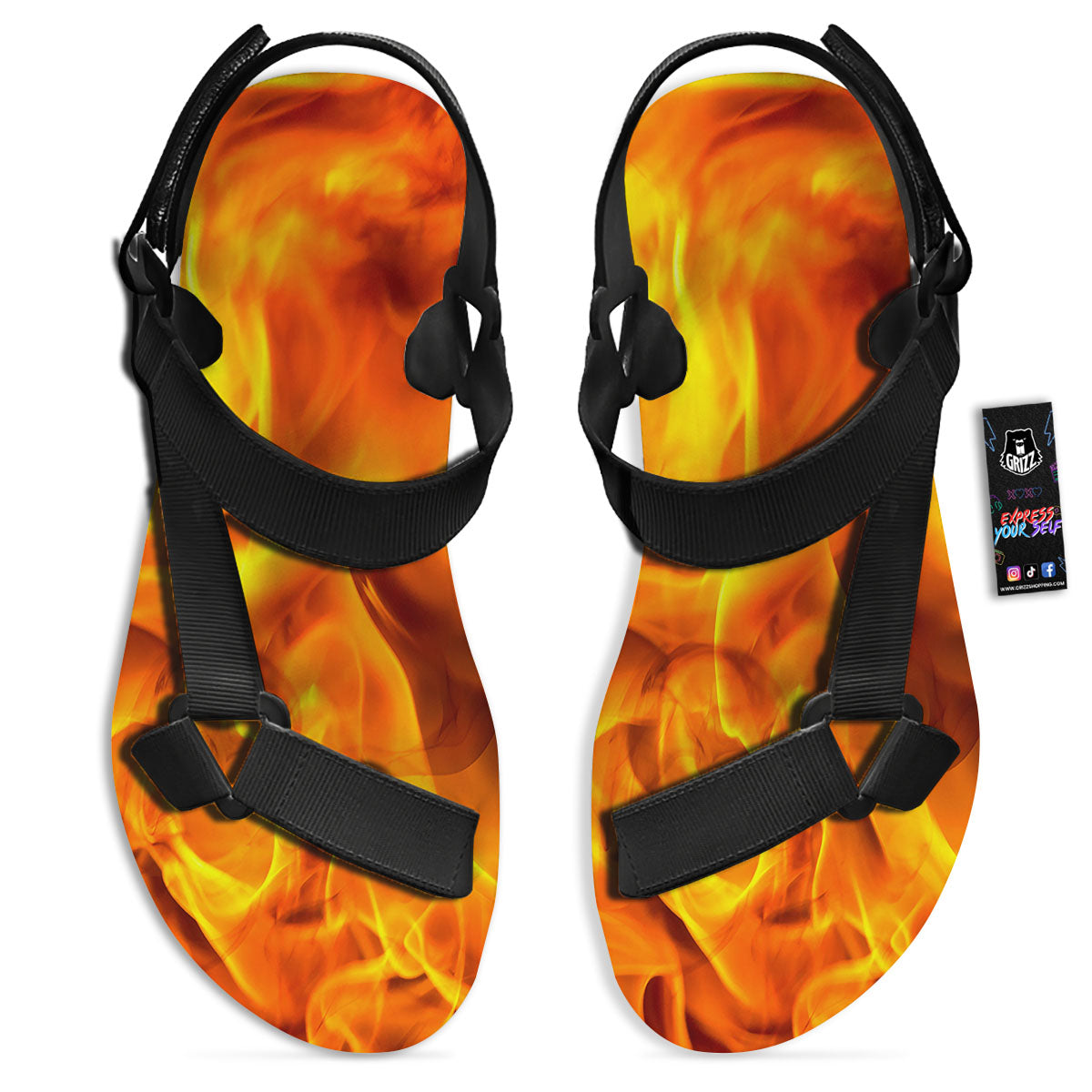 Burning Fire Flame Print Black Open Toe Sandals-grizzshop