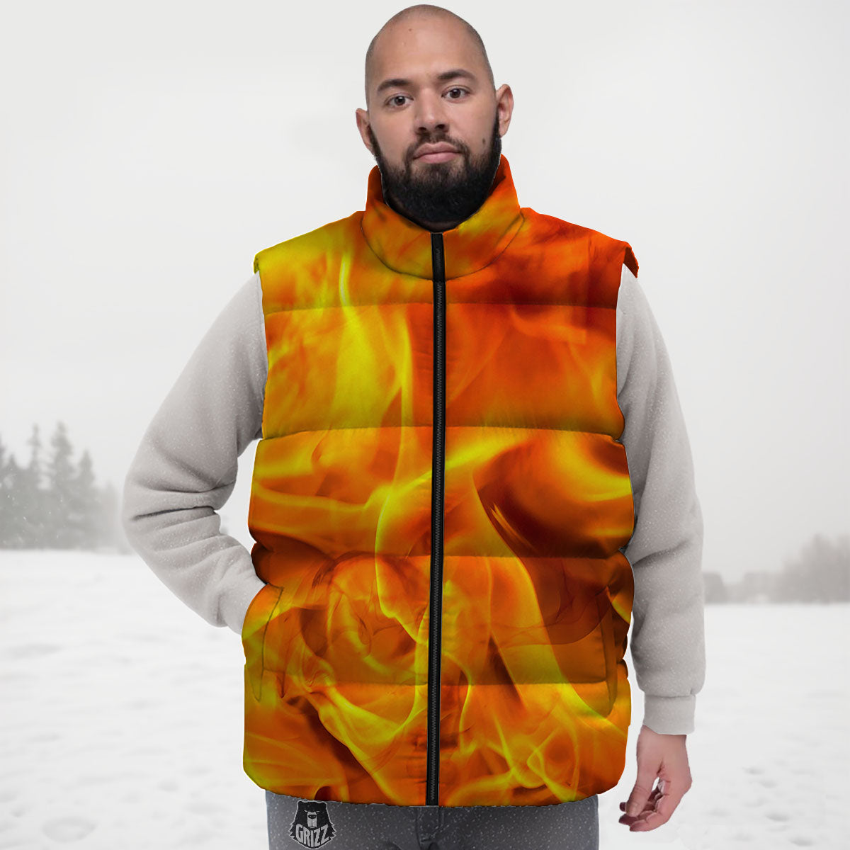 Burning Fire Flame Print Down Vest-grizzshop