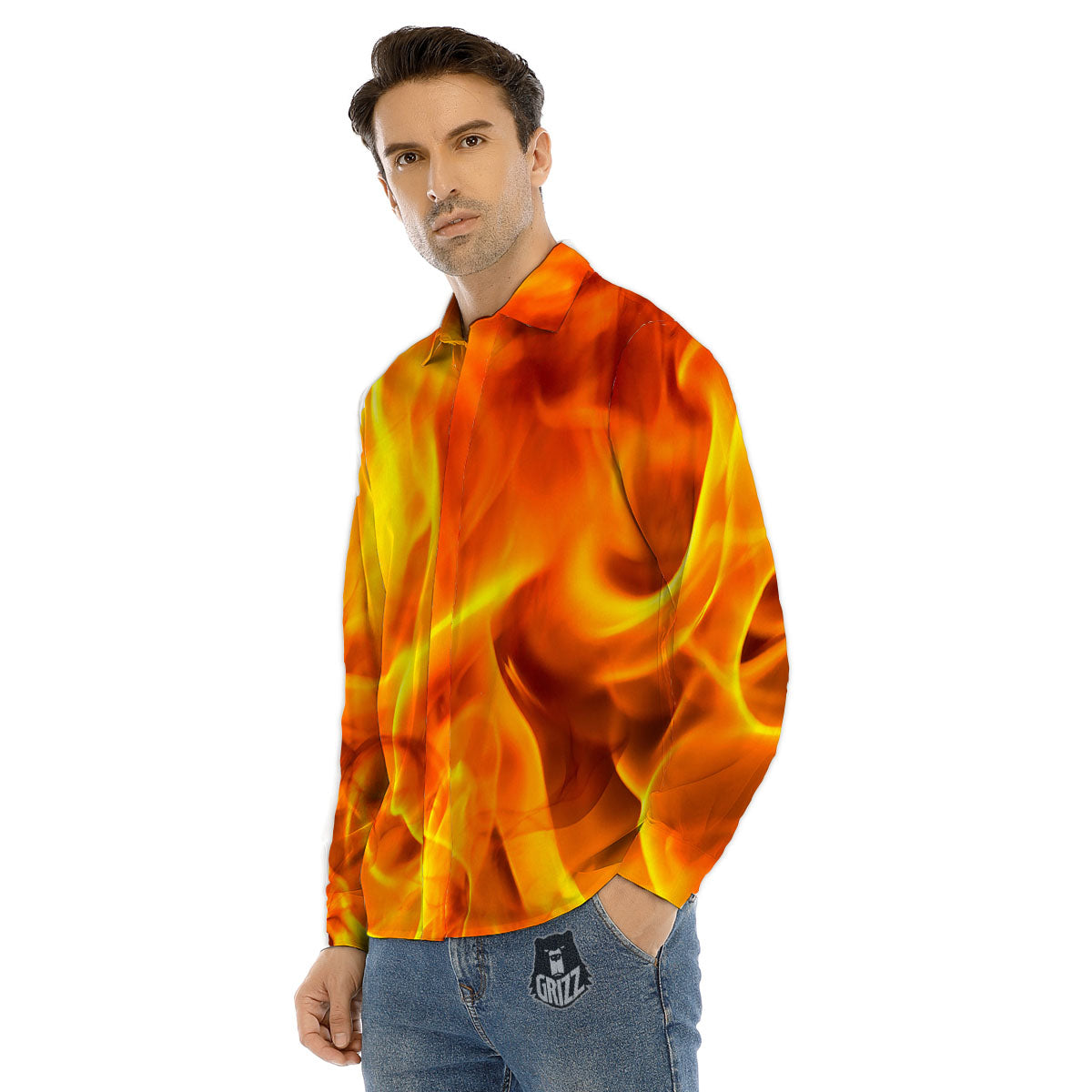 Burning Fire Flame Print Men's Dress Shirts-grizzshop