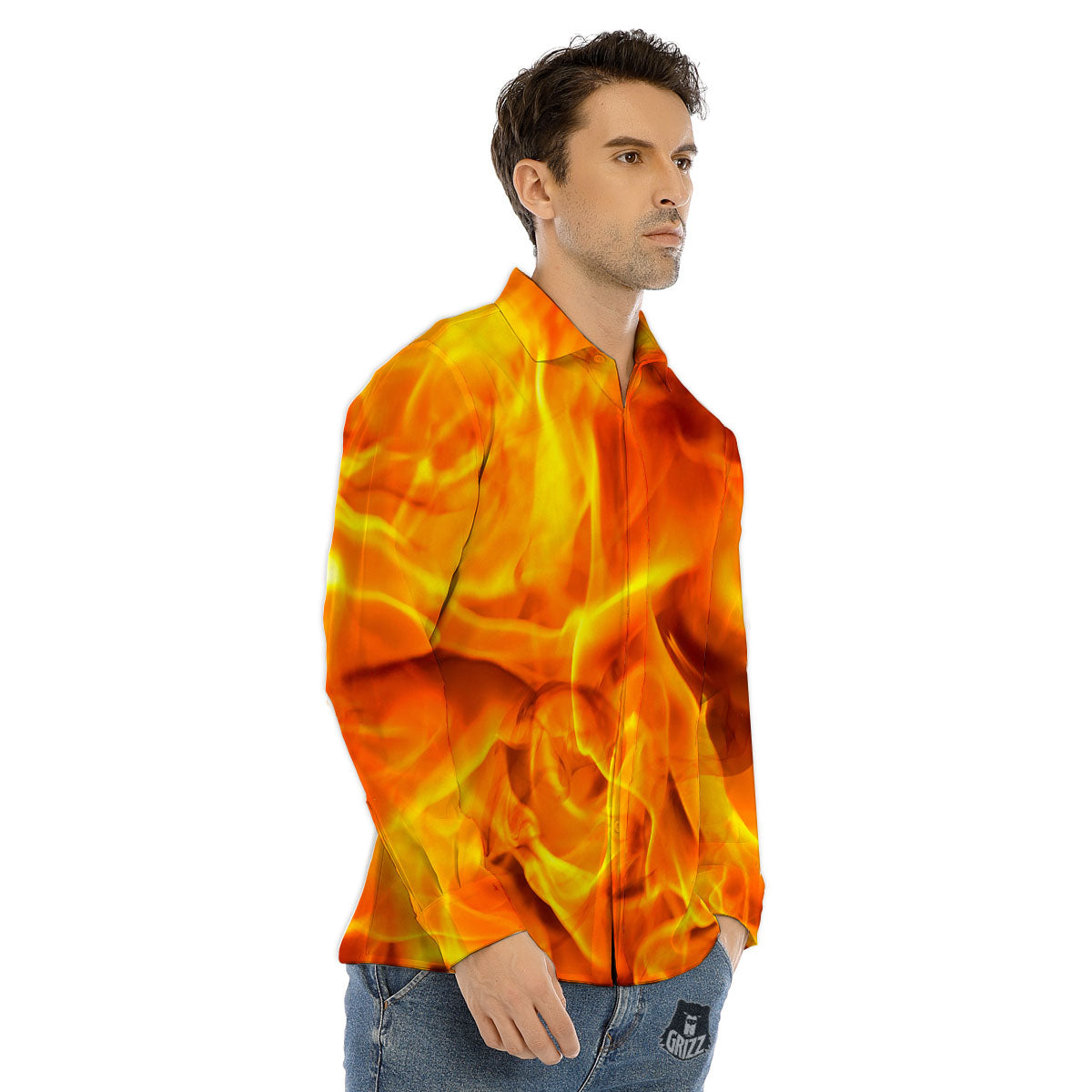 Burning Fire Flame Print Men's Dress Shirts-grizzshop