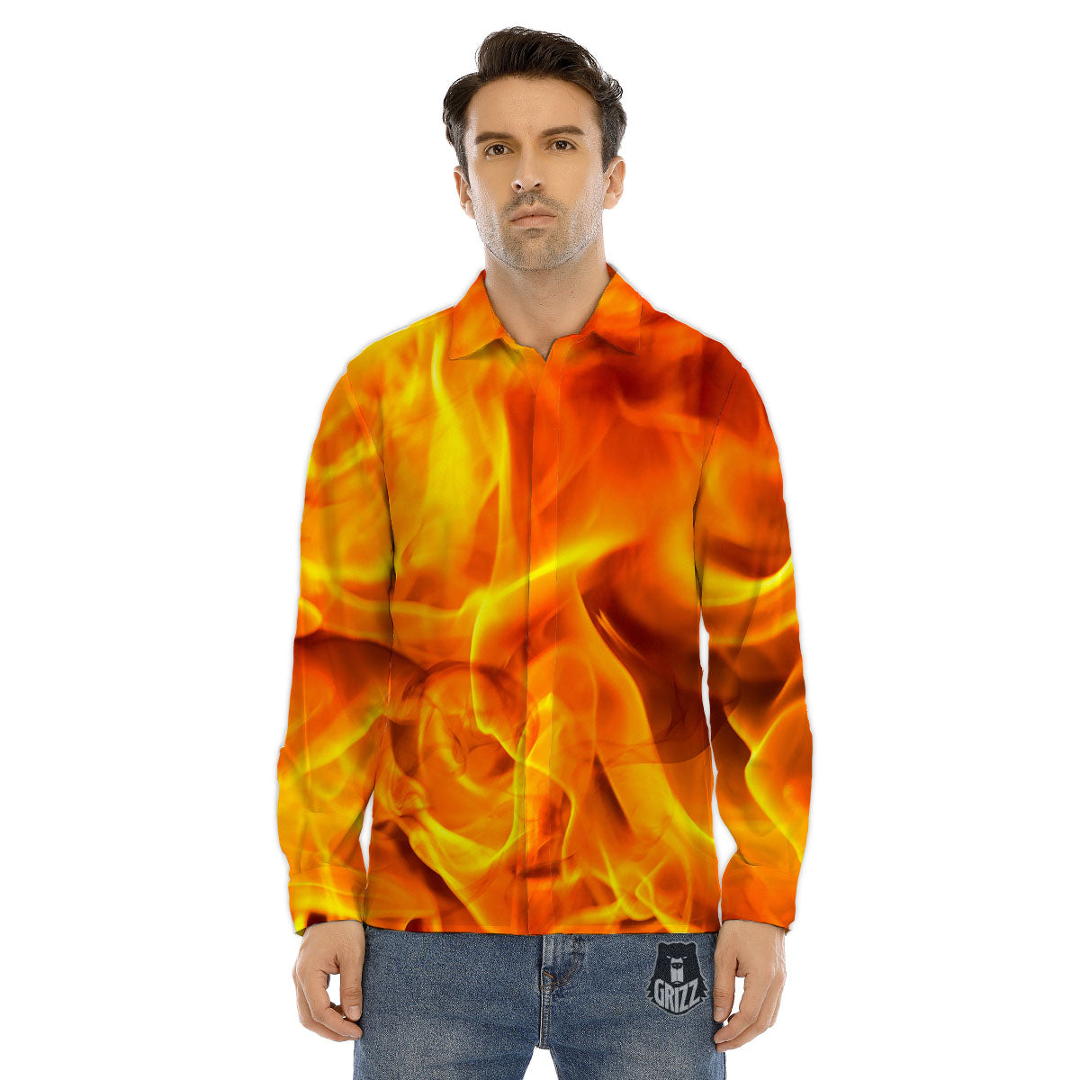 Burning Fire Flame Print Men's Dress Shirts-grizzshop