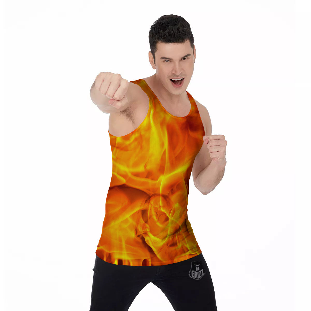 Burning Fire Flame Print Men's Tank Top-grizzshop