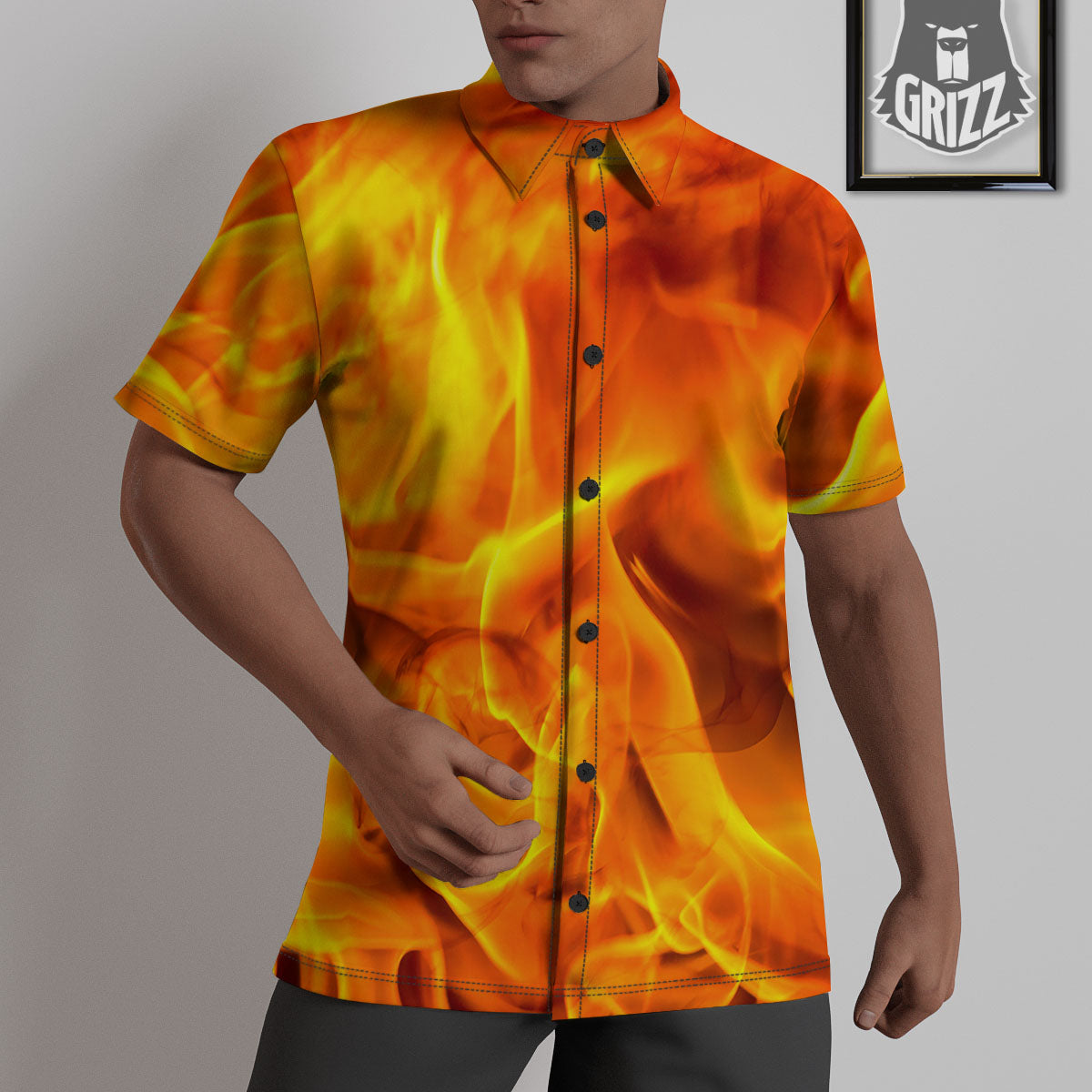 Burning Fire Flame Print Untucked Shirts-grizzshop
