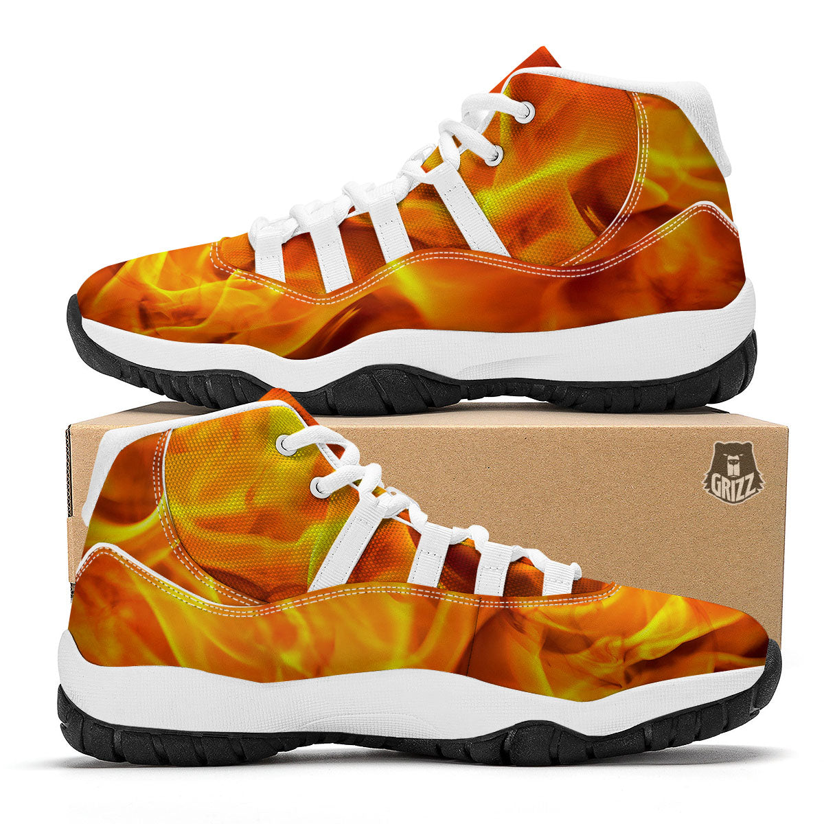 Burning Fire Flame Print White Bball Shoes-grizzshop