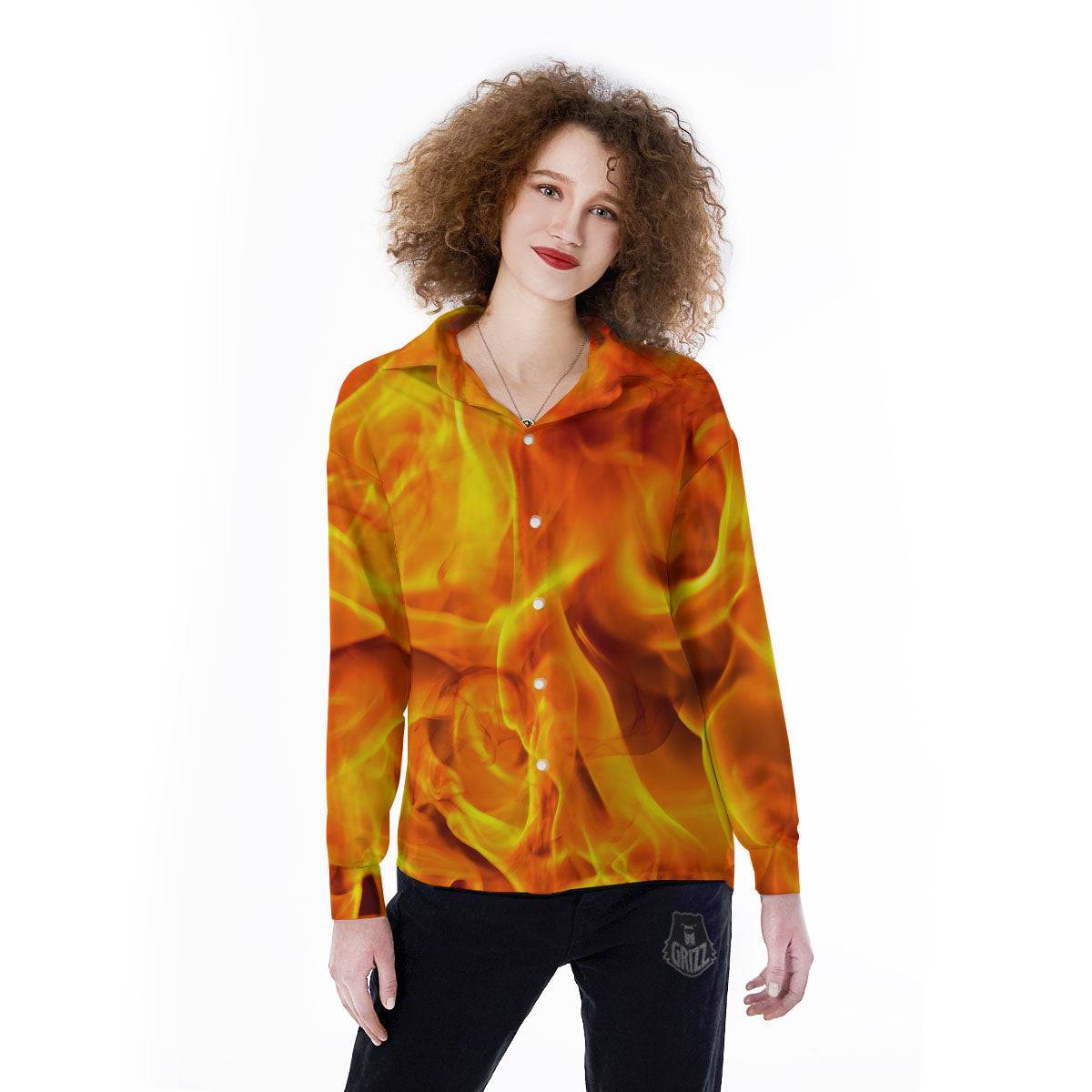 Burning Fire Flame Print Women's Long Sleeve Shirts-grizzshop