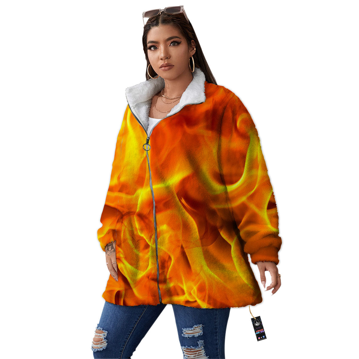 Burning Fire Flame Print Women's Sherpa Jacket-grizzshop