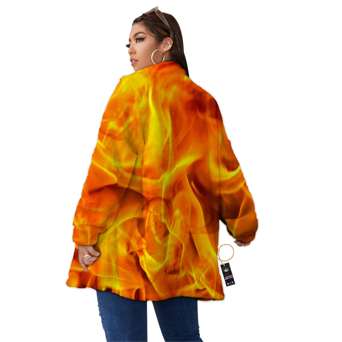 Burning Fire Flame Print Women's Sherpa Jacket-grizzshop