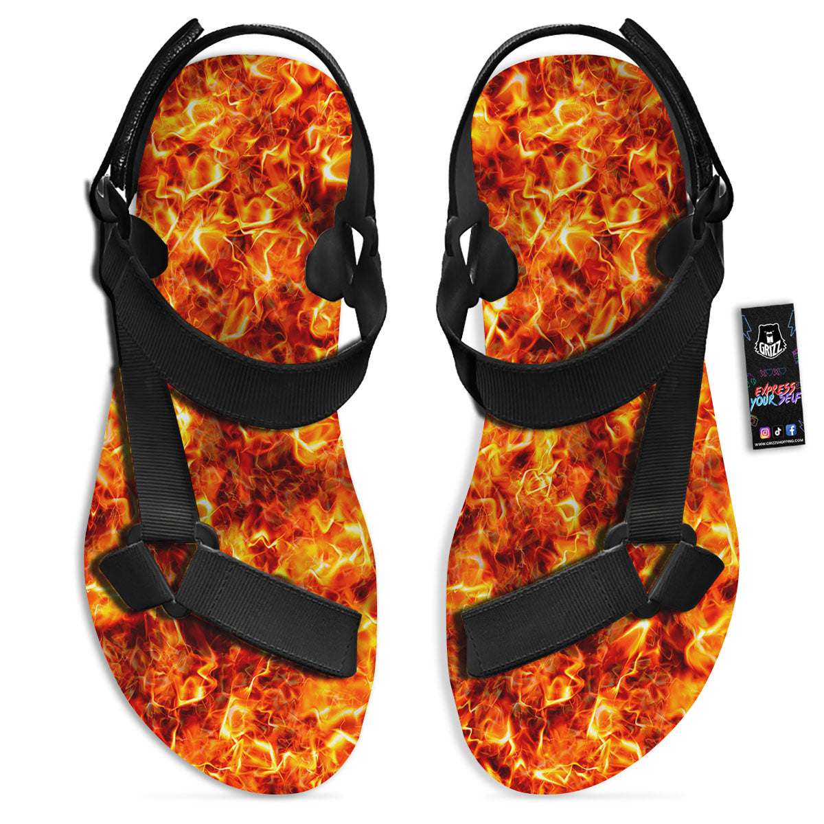 Burning Lava Print Black Open Toe Sandals-grizzshop
