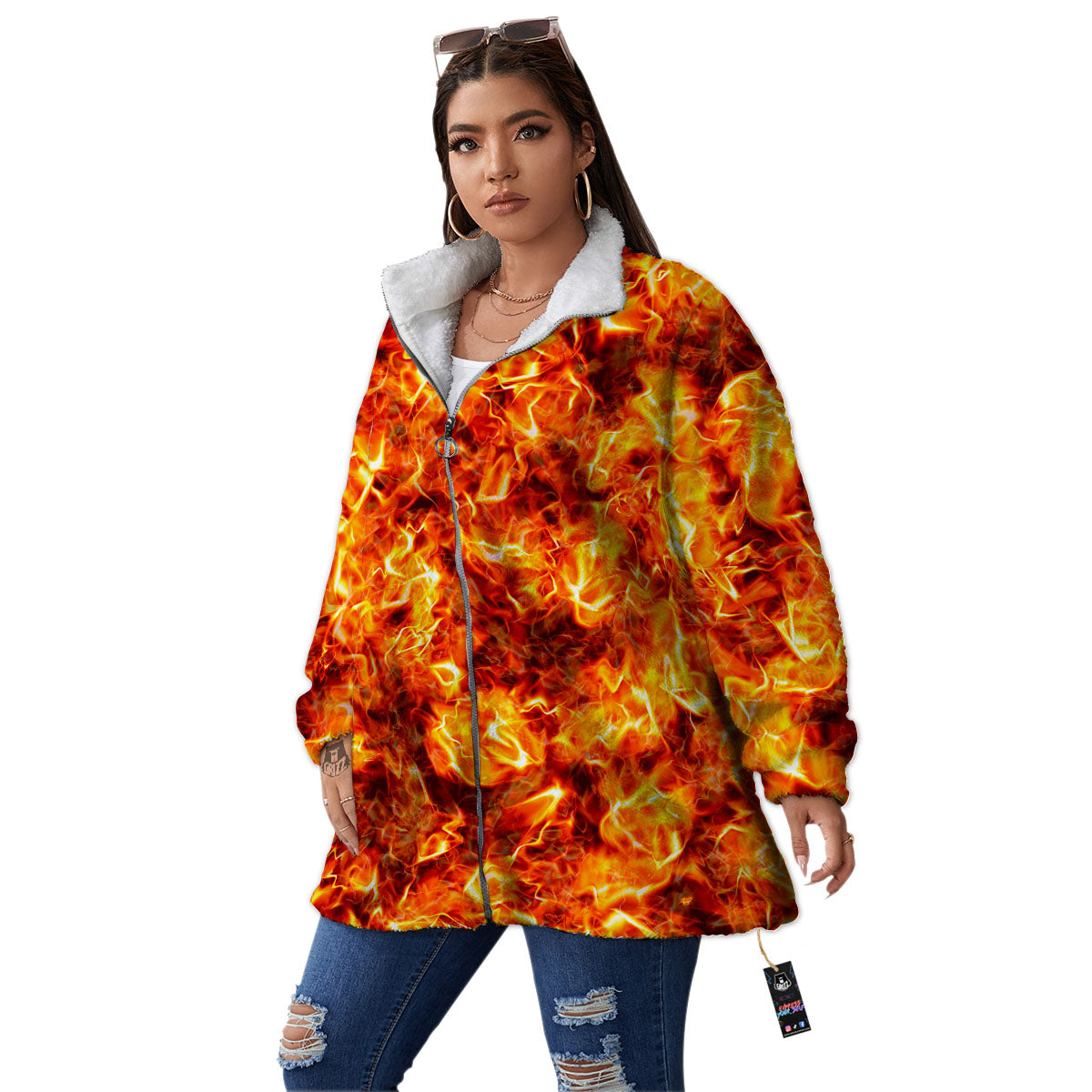 Burning Lava Print Women's Sherpa Jacket-grizzshop