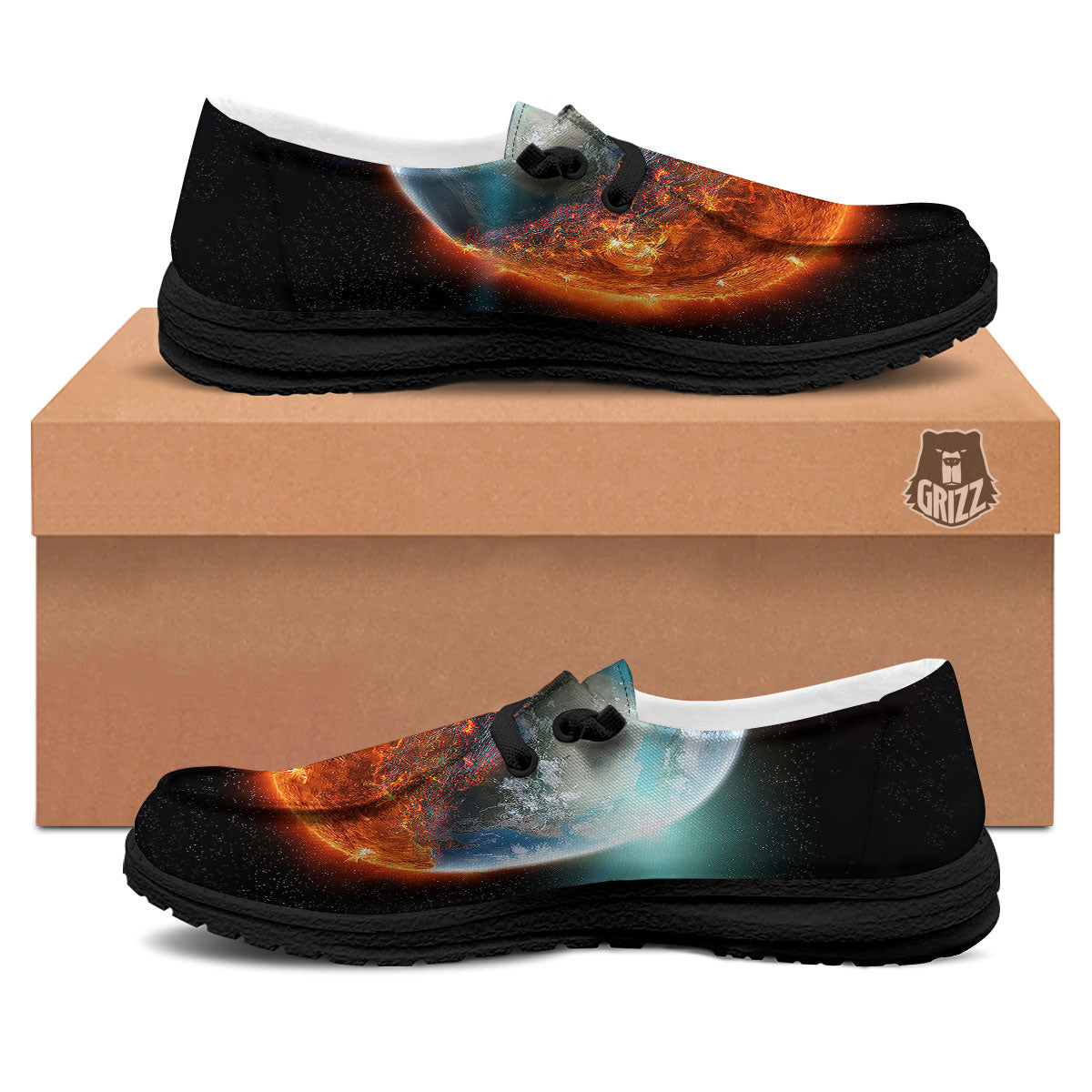 Burning Planet Print Black Loafers-grizzshop