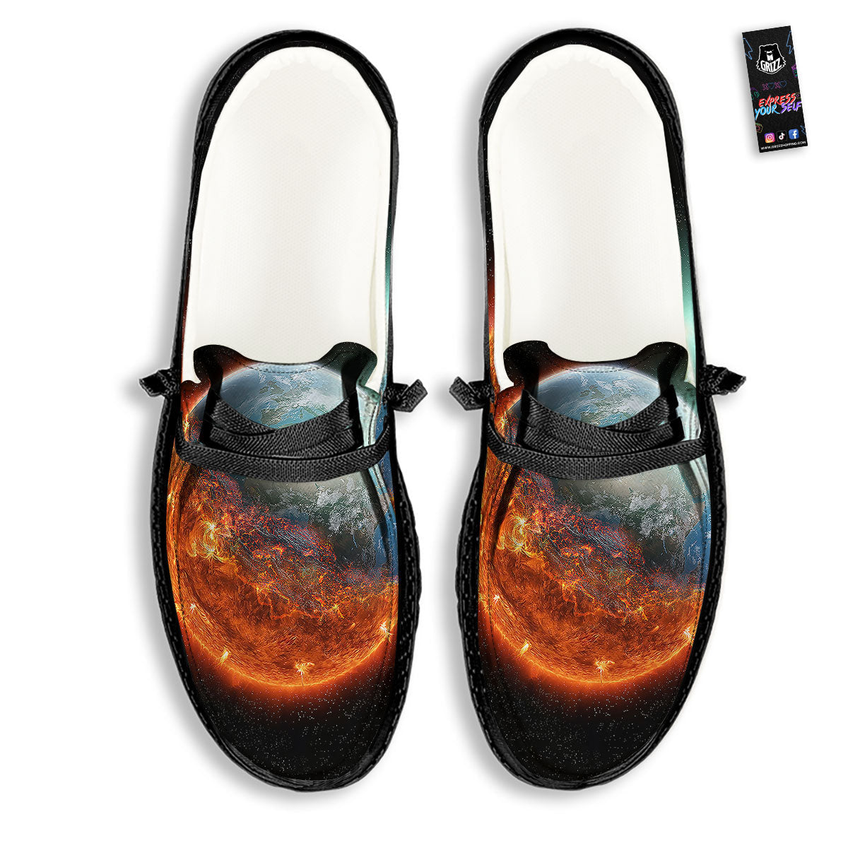 Burning Planet Print Black Loafers-grizzshop
