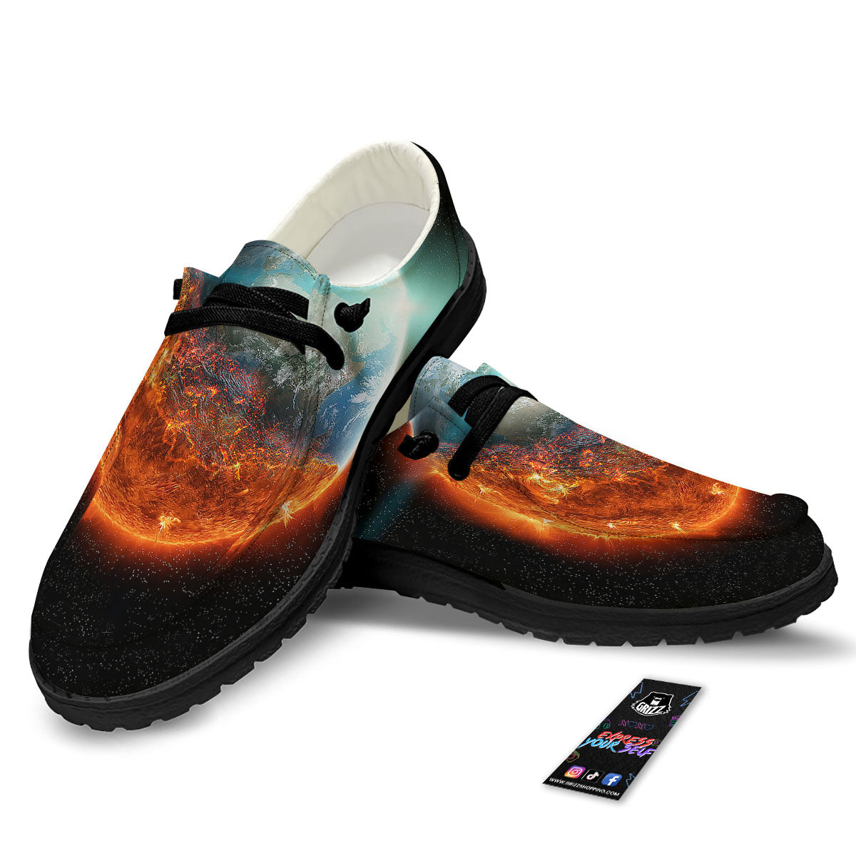 Burning Planet Print Black Loafers-grizzshop