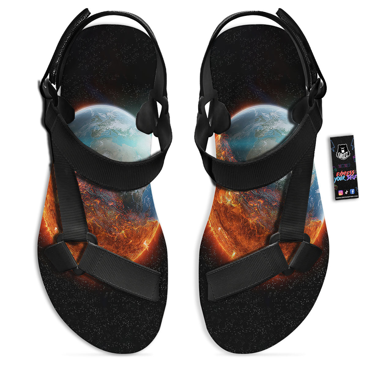 Burning Planet Print Black Open Toe Sandals-grizzshop