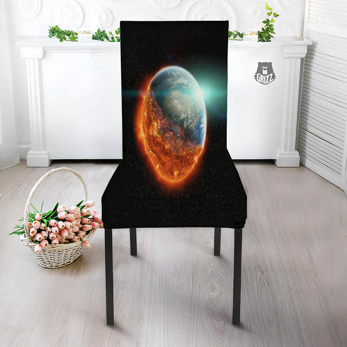 Burning Planet Print Dining Chair Slipcover-grizzshop