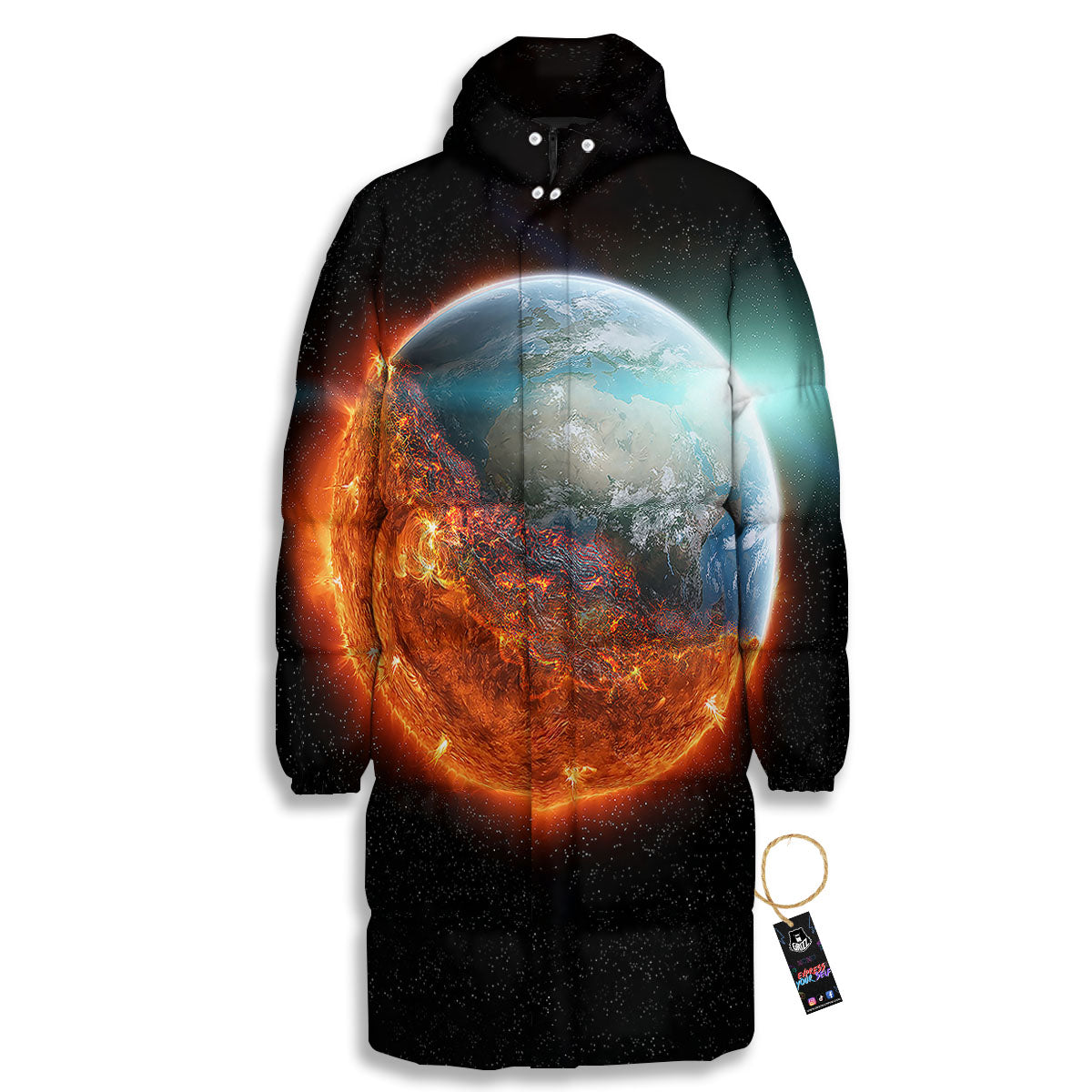 Burning Planet Print Long Down Jacket-grizzshop