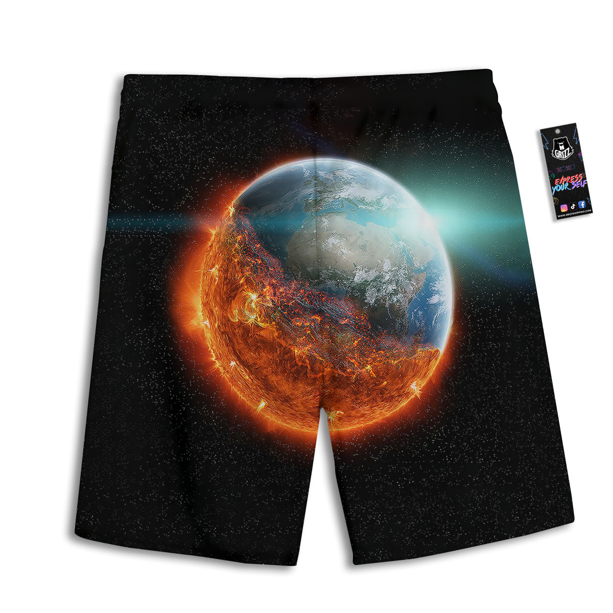 Burning Planet Print Men's Athletic Shorts