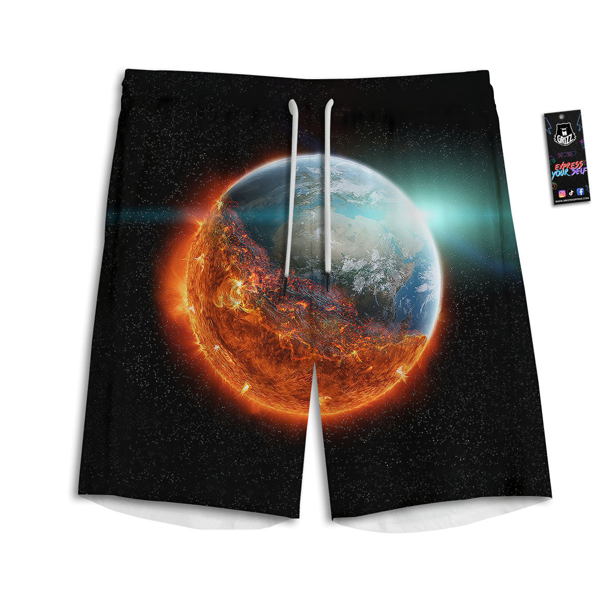 Burning Planet Print Men's Athletic Shorts