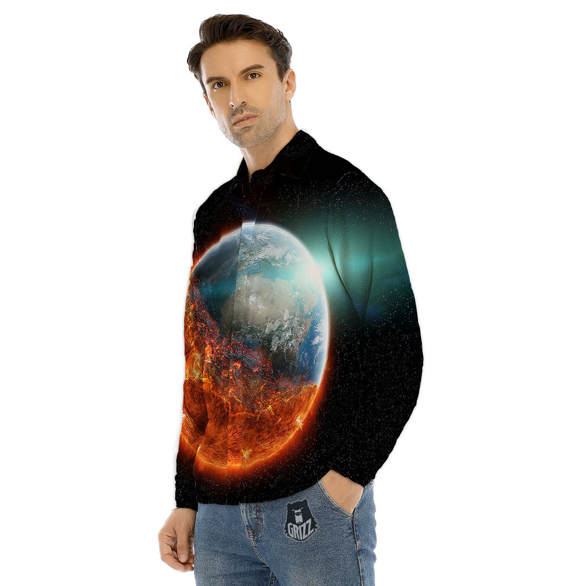 Burning Planet Print Men's Dress Shirts-grizzshop