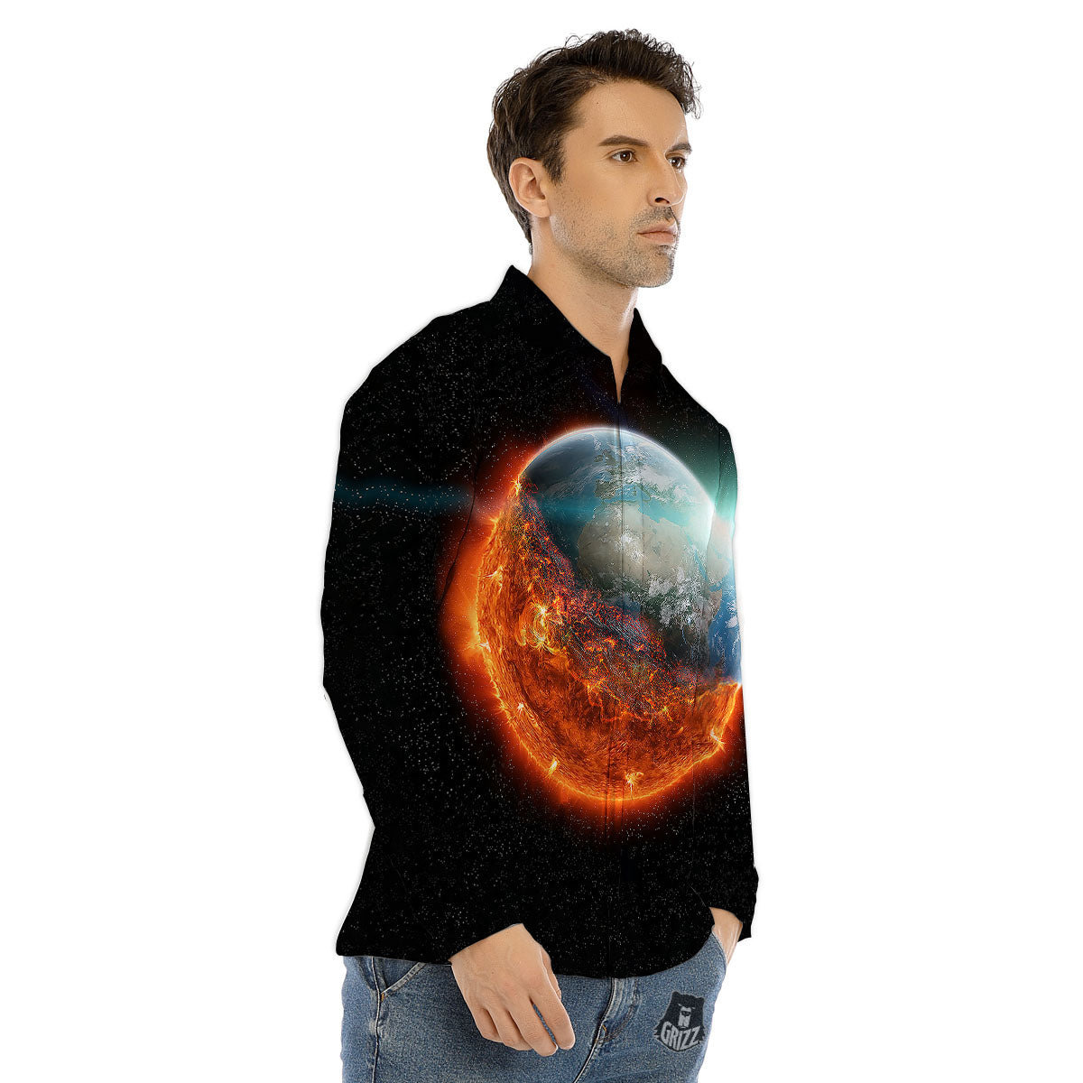 Burning Planet Print Men's Dress Shirts-grizzshop
