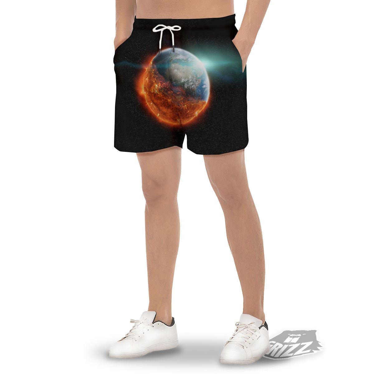 Burning Planet Print Men's Gym Shorts-grizzshop