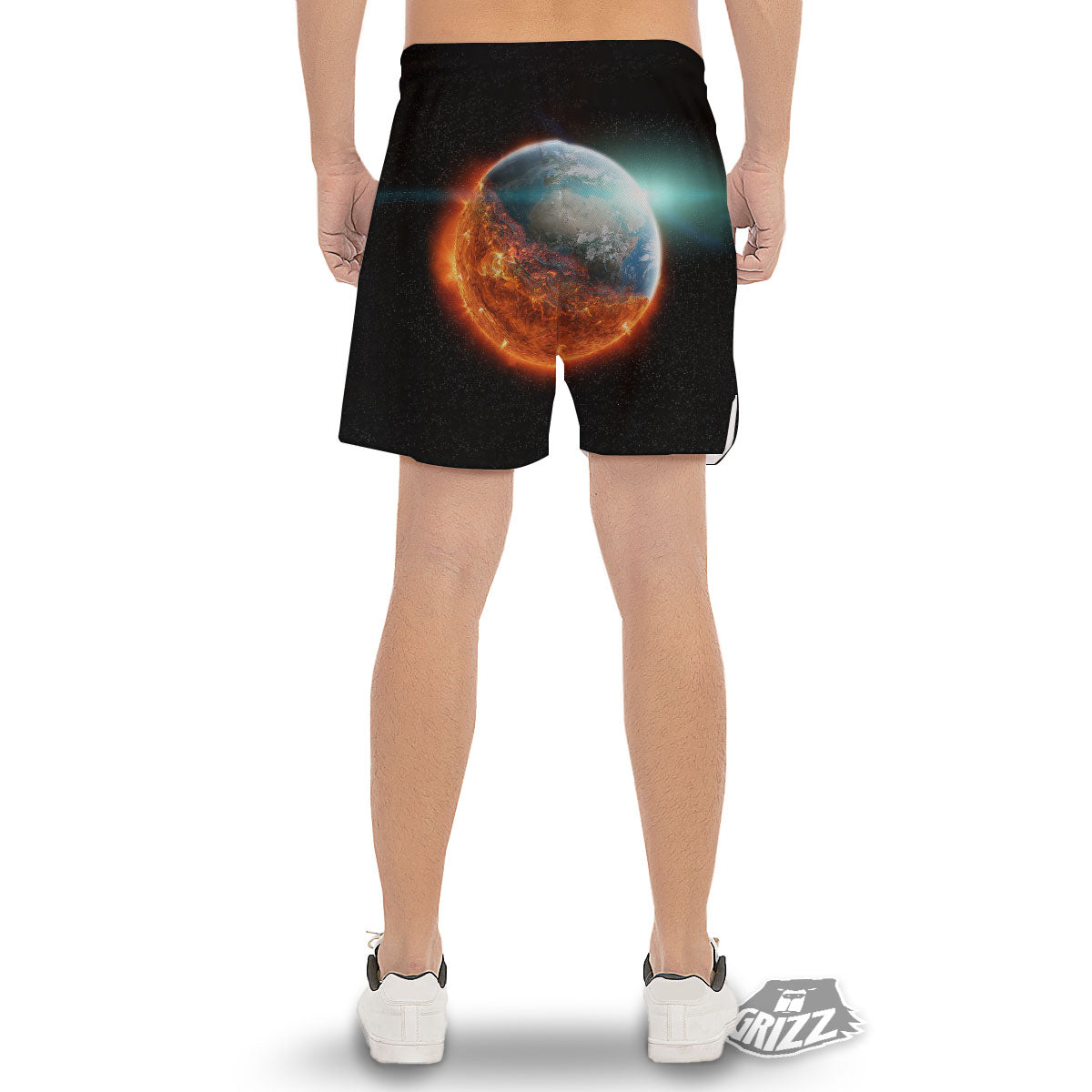 Burning Planet Print Men's Gym Shorts-grizzshop