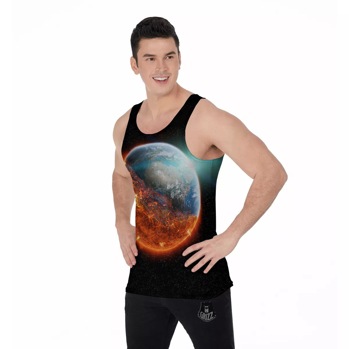 Burning Planet Print Men's Tank Top-grizzshop