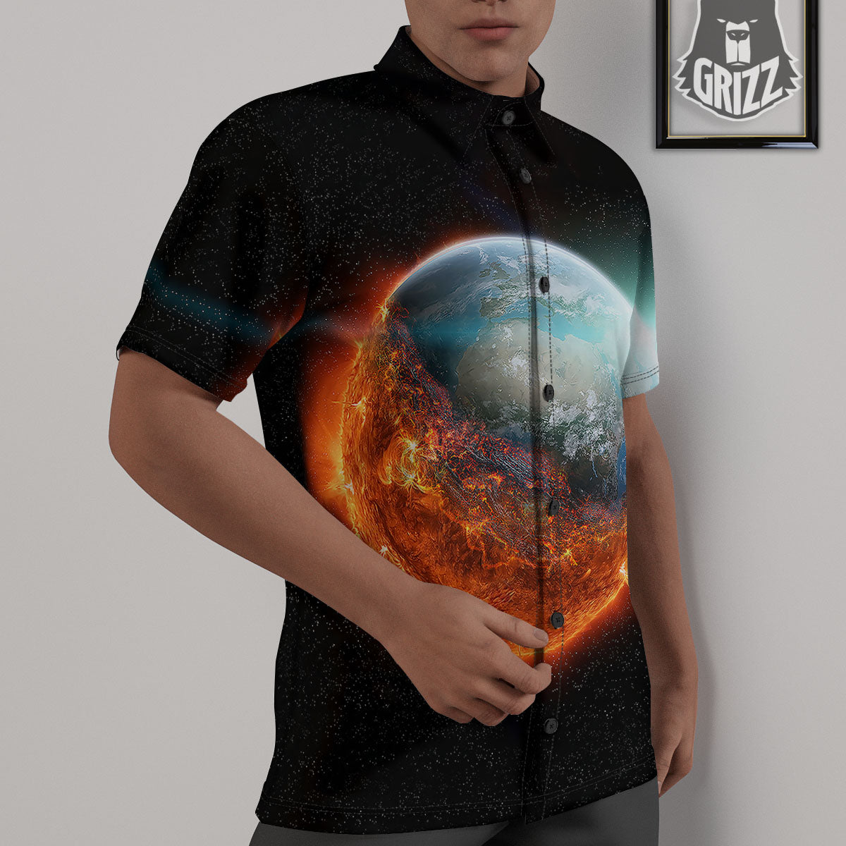 Burning Planet Print Untucked Shirts-grizzshop
