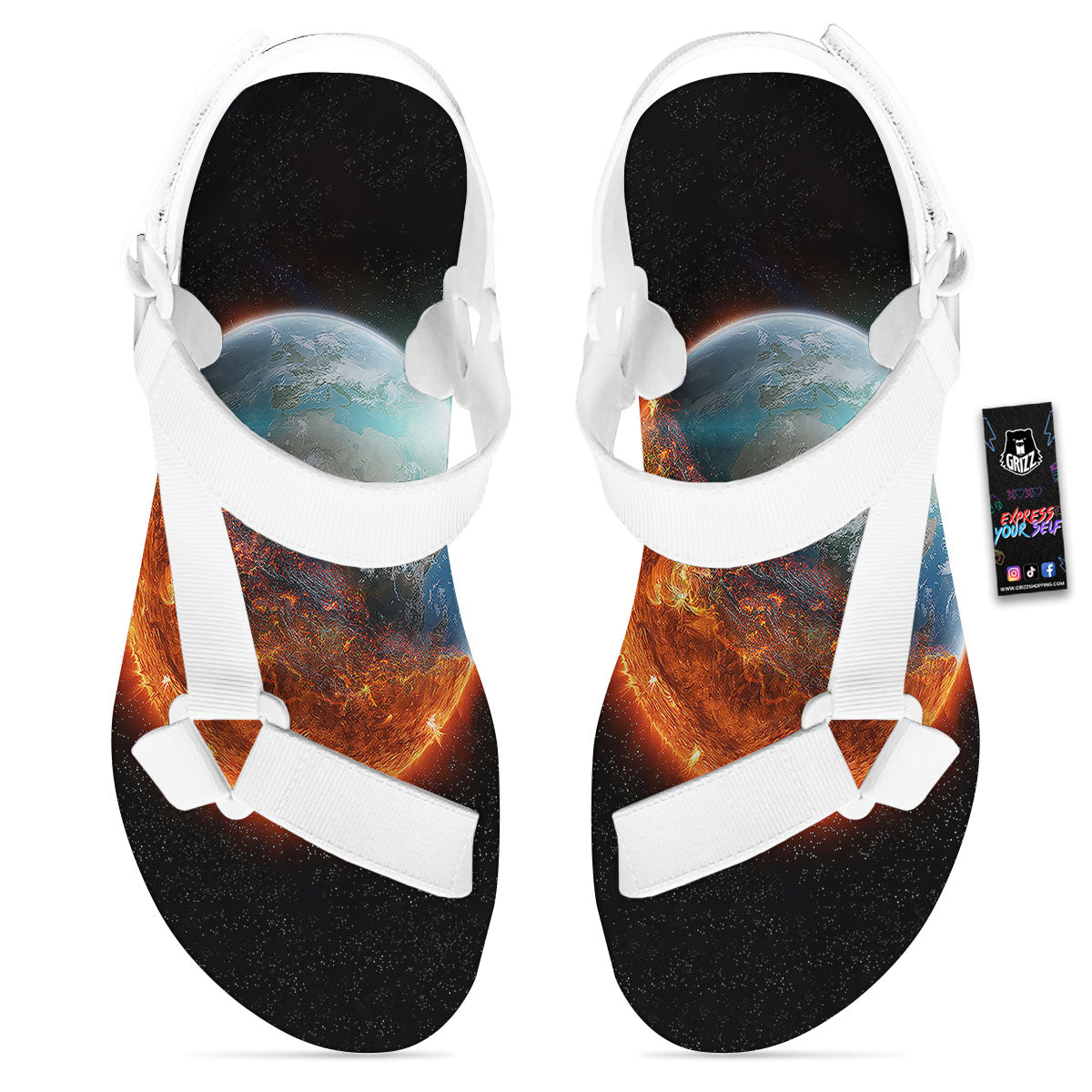 Burning Planet Print White Open Toe Sandals-grizzshop