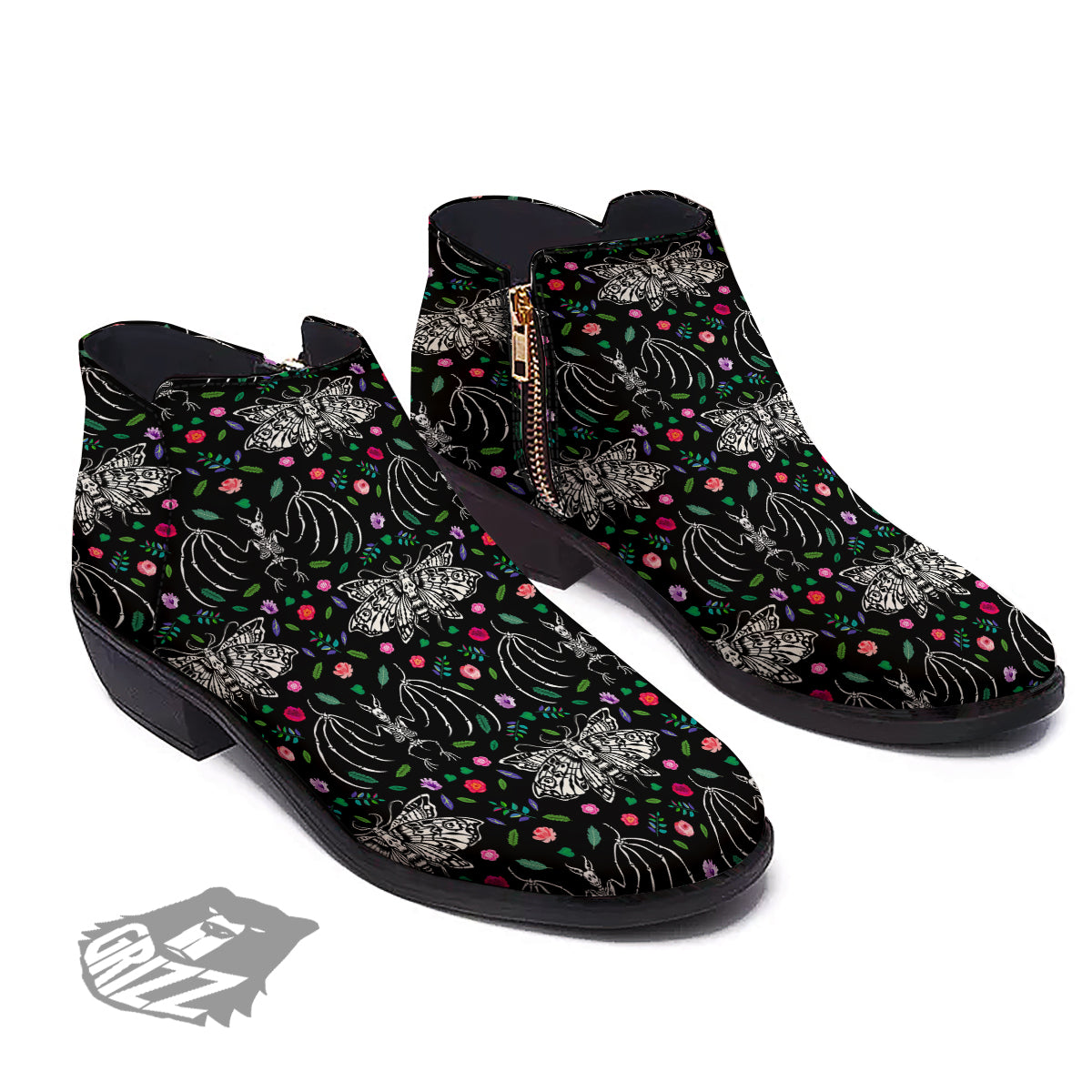 Butterflies And Skeletons of Bats Print Pattern Ankle Boots-grizzshop