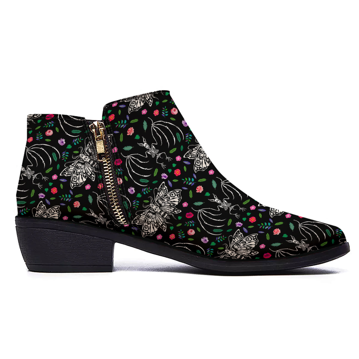 Butterflies And Skeletons of Bats Print Pattern Ankle Boots-grizzshop