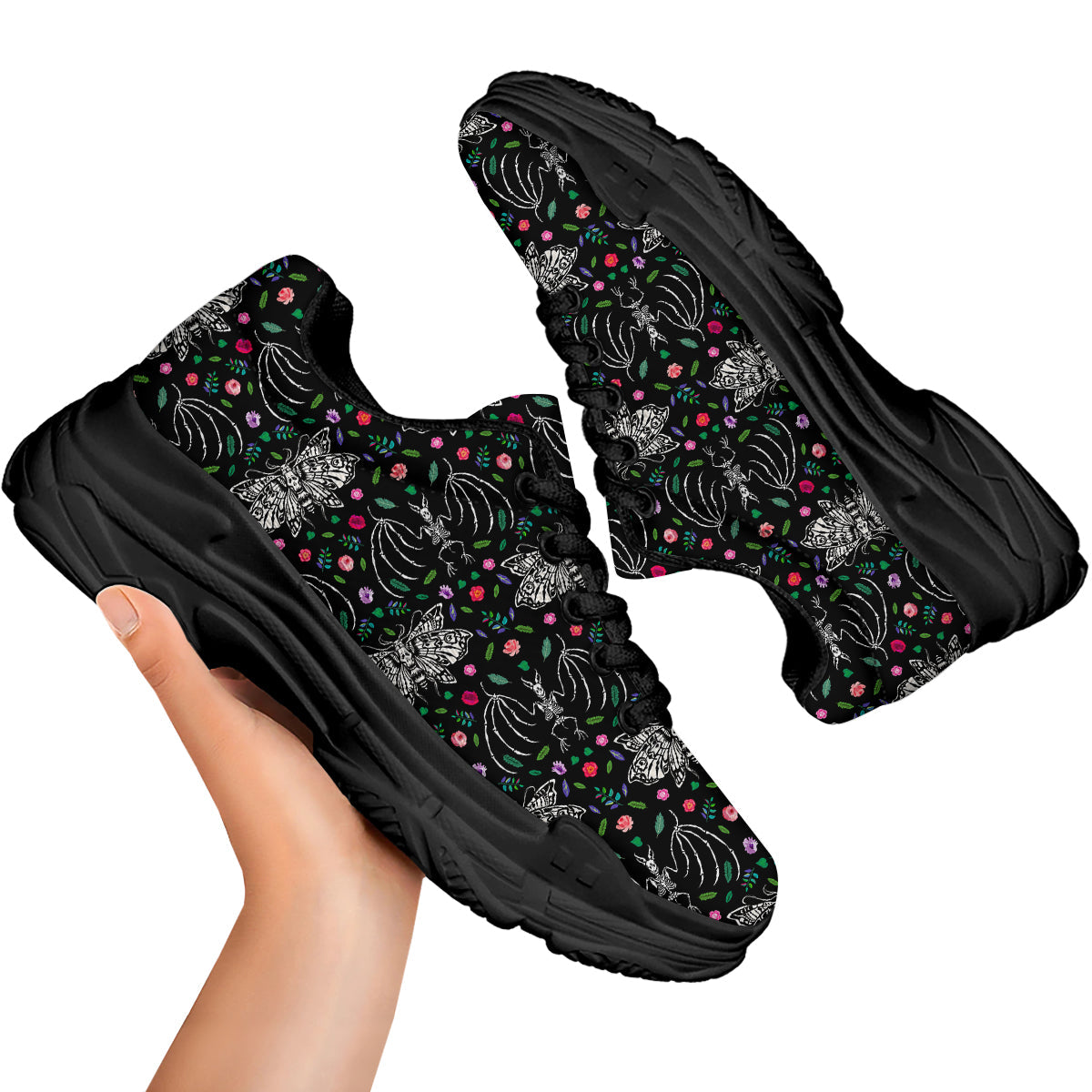 Butterflies And Skeletons of Bats Print Pattern Black Chunky Shoes-grizzshop