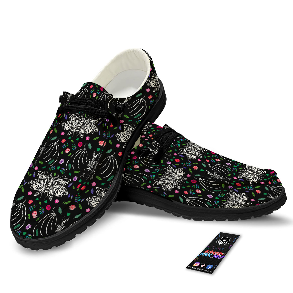 Butterflies And Skeletons of Bats Print Pattern Black Loafers-grizzshop