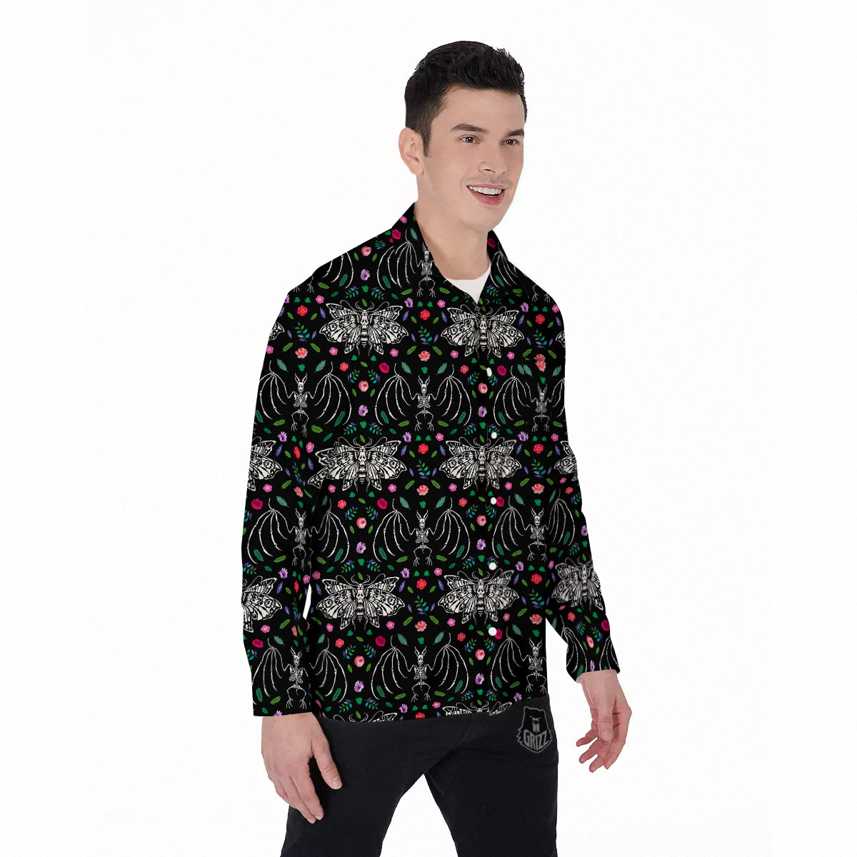 Butterflies And Skeletons of Bats Print Pattern Men's Long Sleeve Shirts-grizzshop