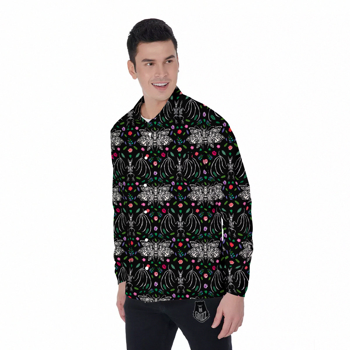 Butterflies And Skeletons of Bats Print Pattern Men's Long Sleeve Shirts-grizzshop