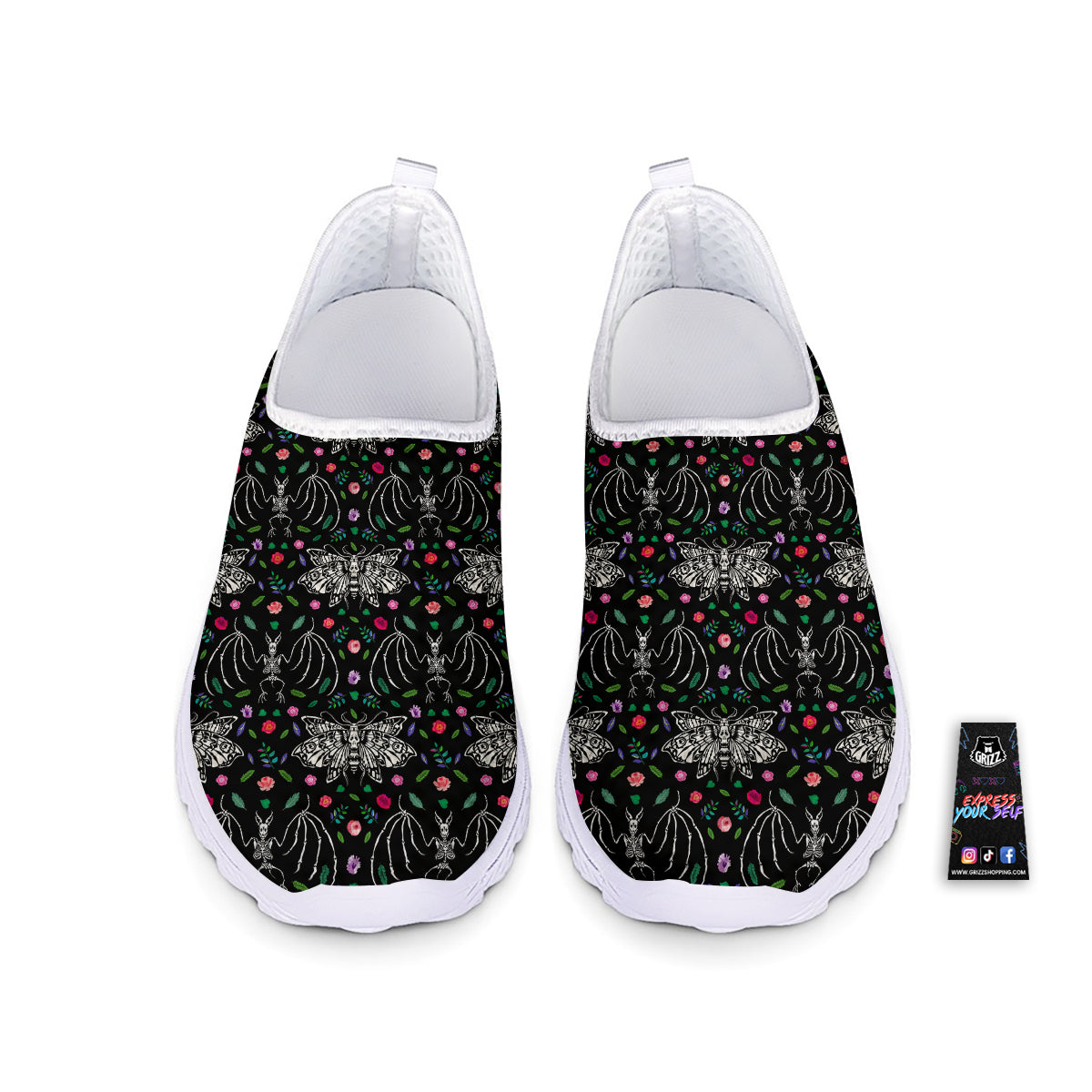 Butterflies And Skeletons of Bats Print Pattern Nurse Shoes-grizzshop